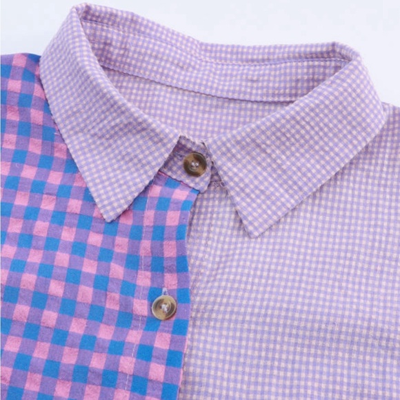 Lightweight Purple & Pink Checkered Plaid Button Down Top, Frayed Hem - Picture 10 of 15
